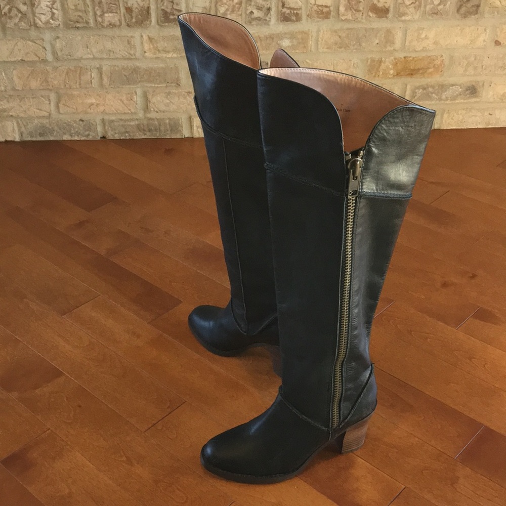 Faryl Robin size 7 tall distressed black leather high heeled boots.